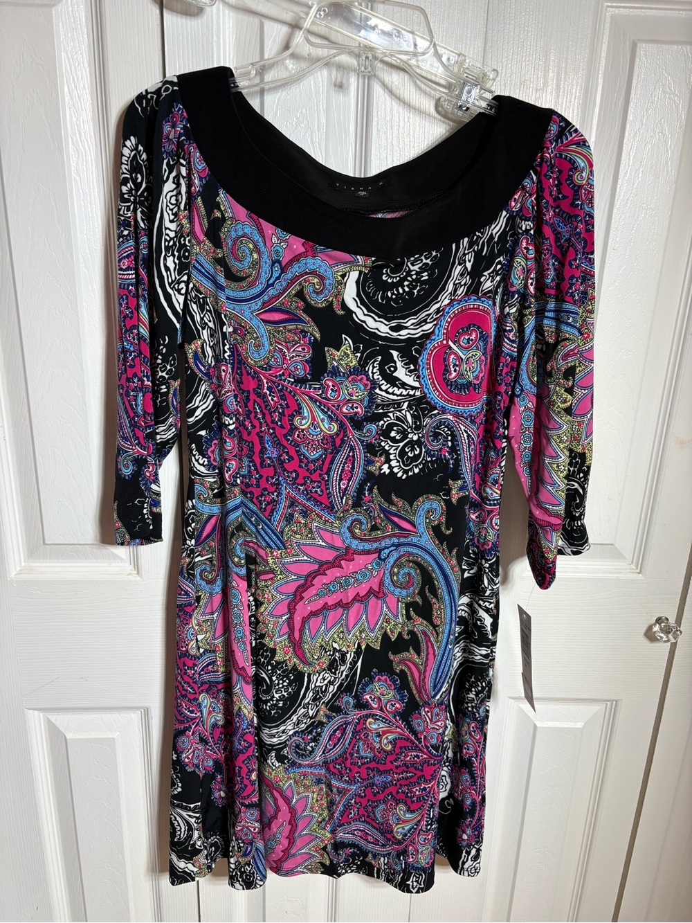 Tiana B. Black Paisley Top with Pink and Teal Accents